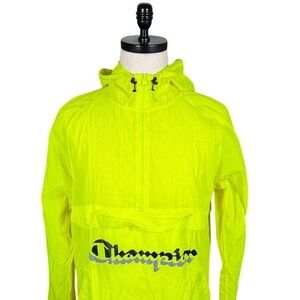 Champion Mens Neon Yellow Half Zip Hooded Windbreaker Anorak Jacket Large V0180